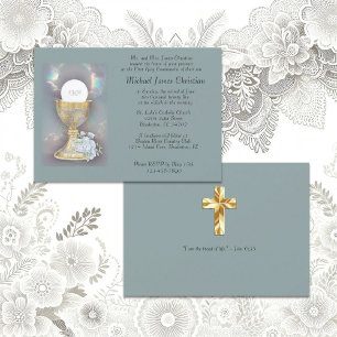 Intricate Gold Chalice with host blue bouquet acce Invitation