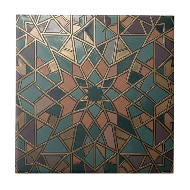 Intricate Gold Geometric Mosaic Star Pattern Tile (Front)