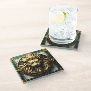 Intricate Gold Lion with Mesmerising Eyes Glass Coaster