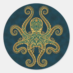 Intricate Golden Blue Octopus Classic Round Sticker