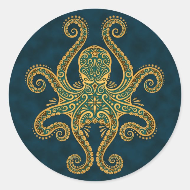 Intricate Golden Blue Octopus Classic Round Sticker (Front)