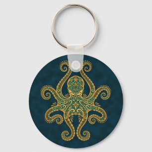 Intricate Golden Blue Octopus Key Ring