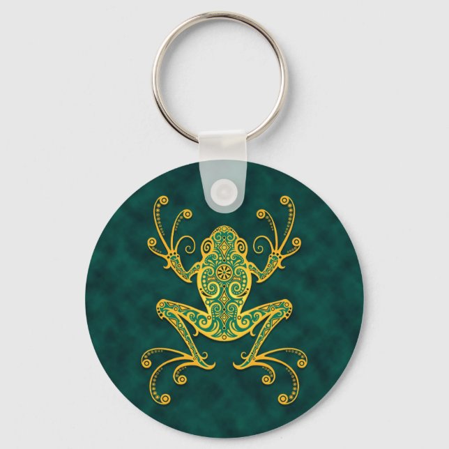 Intricate Golden Blue Tree Frog Key Ring (Front)