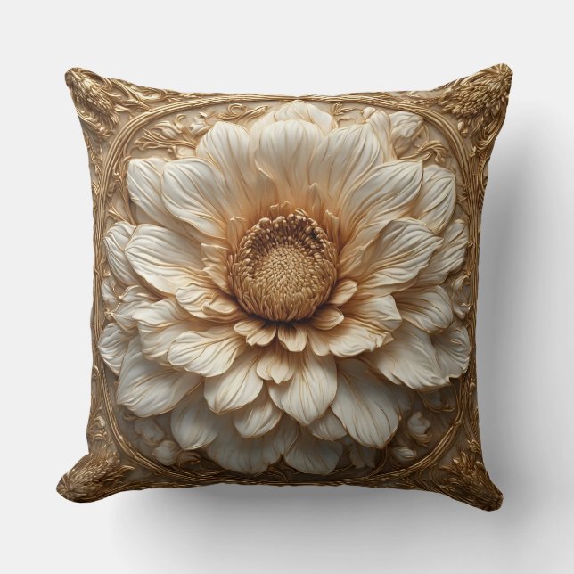 Intricate Golden Embellished Floral Relief Cushion (Front)