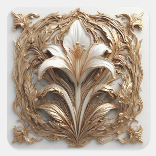 Intricate Golden Embellished Floral Relief Square Sticker