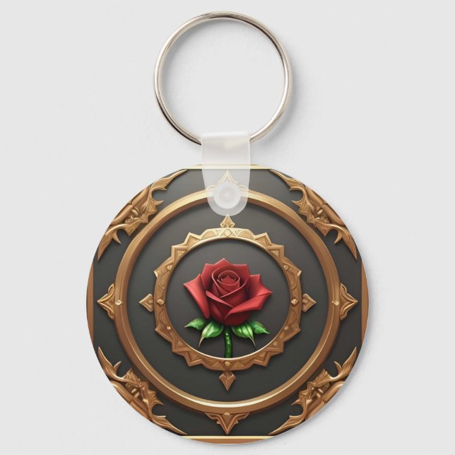 Intricate Golden Frame with Red Rose Key Ring (Front)