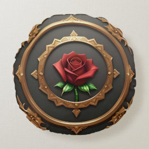 Intricate Golden Frame with Red Rose Round Cushion