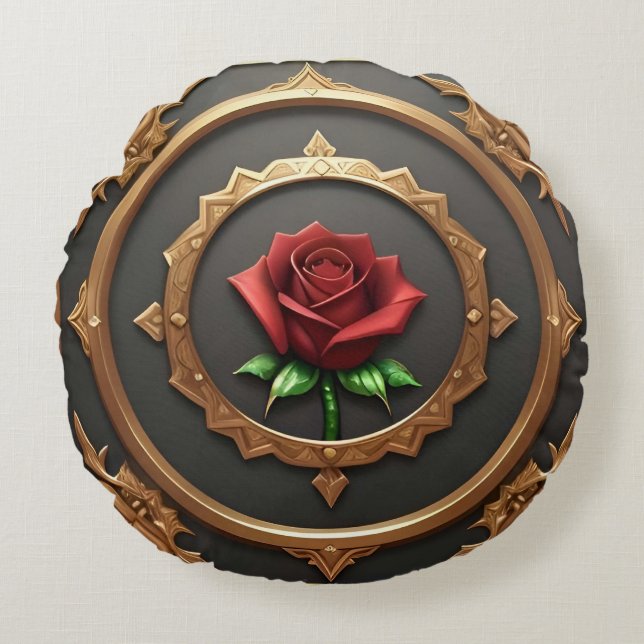 Intricate Golden Frame with Red Rose Round Cushion (Front)
