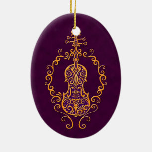 Intricate Golden Purple Violin Design Ceramic Tree Decoration