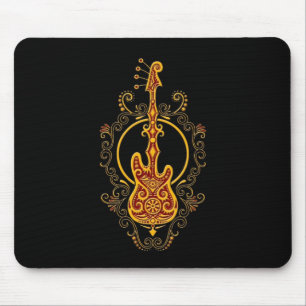 Intricate Golden Red Bass Guitar Design on Black Mouse Mat