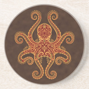 Intricate Golden Red Octopus Coaster