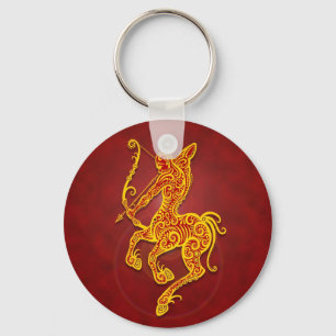 Intricate Golden Red Tribal Sagittarius Key Ring