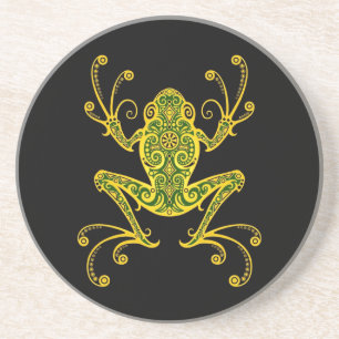 Intricate Green and Black Tree Frog Coaster