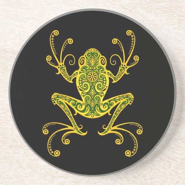 Intricate Green and Black Tree Frog Coaster (Front)