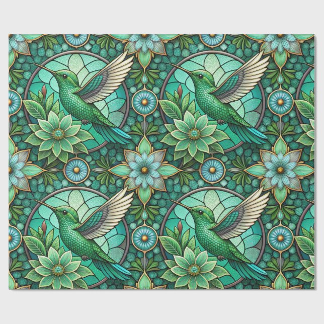 Intricate green and teal stained glass-style  wrapping paper (Flat)