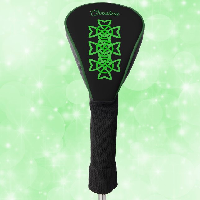 Intricate Green Celtic Irish Knot Design Black Golf Head Cover (Intricate bright green Irish Celtic looped deesign on black golf club cover.)