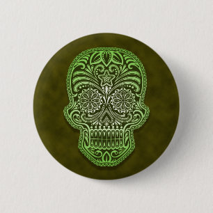 Intricate Green Sugar Skull 6 Cm Round Badge