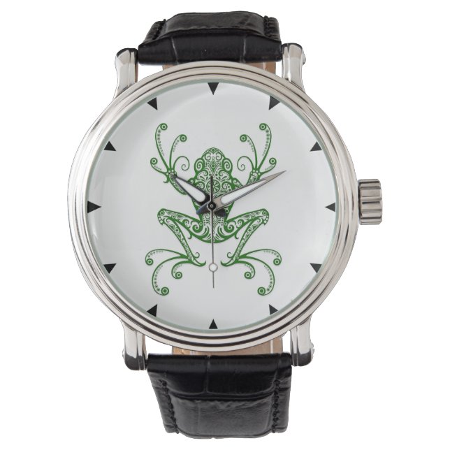 Intricate Green Tree Frog on White Watch (Front)