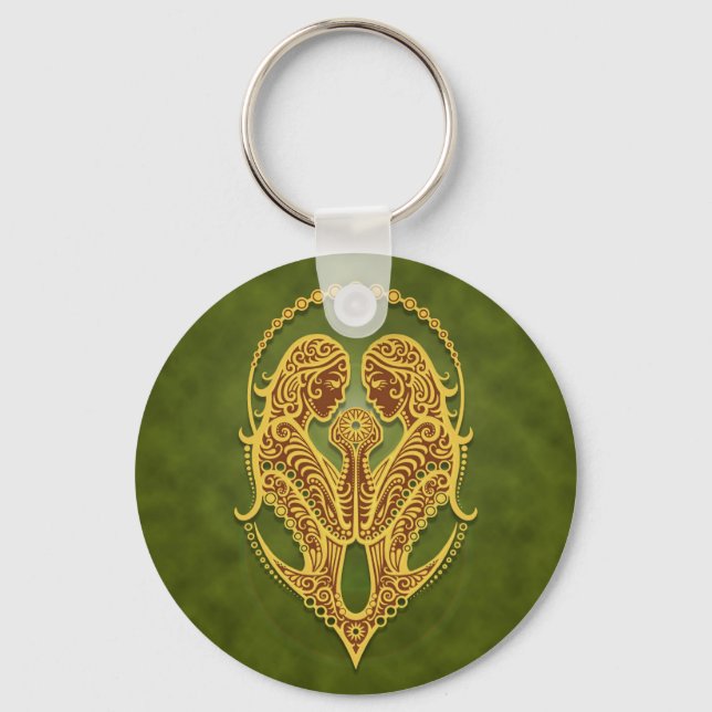Intricate Green Tribal Gemini Key Ring (Front)