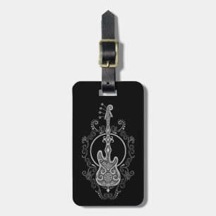Intricate Grey Bass Guitar Design on Black Luggage Tag