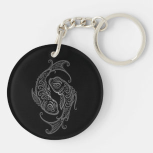 Intricate Grey Pisces Zodiac on Black Key Ring
