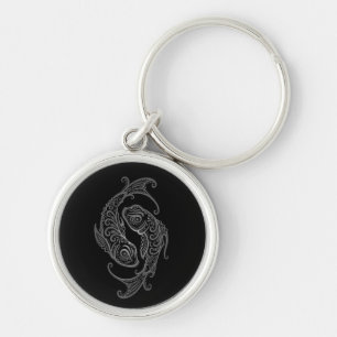 Intricate Grey Pisces Zodiac on Black Key Ring