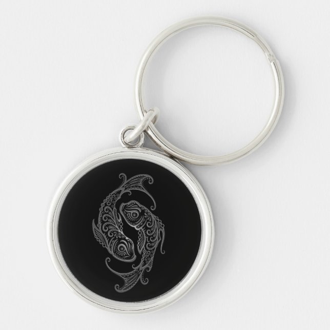 Intricate Grey Pisces Zodiac on Black Key Ring (Front)
