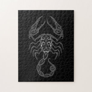 Intricate Grey Scorpio Zodiac on Black Jigsaw Puzzle