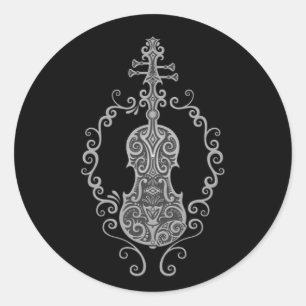 Intricate Grey Violin Design on Black Classic Round Sticker