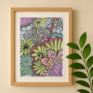 Intricate Hand-Drawn Floral Bohemian Chic Art Poster