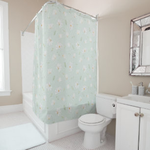 Intricate Hand Painted White Magnolia Mint Green Shower Curtain