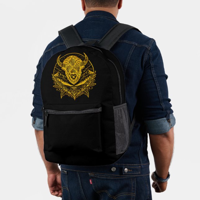 Intricate Illustration of a Gold Bison in Nature Printed Backpack (Insitu (Model))