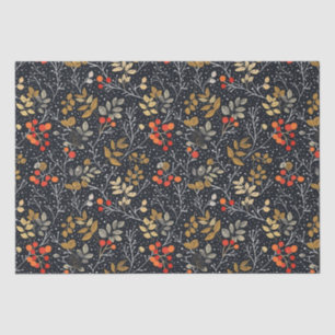Intricate Leaf and Berry Pattern On Black Tissue Paper