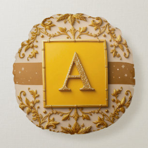 Intricate Letter A Design with Golden Borders Round Cushion