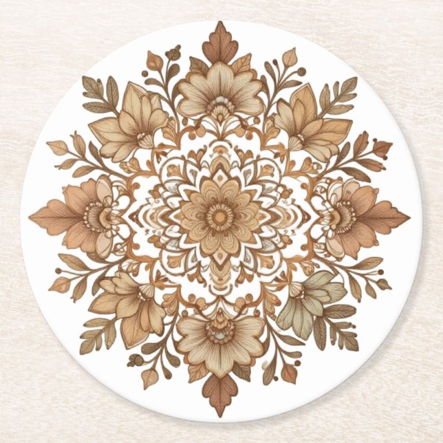 Intricate Mandala Floral Brown Tones Art Round Paper Coaster (Front)