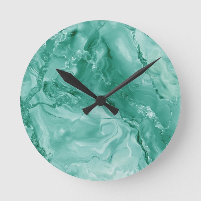 Intricate Marble Pattern in Rich Teal and Green Round Clock (Front)