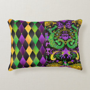 Intricate Mardi Gras Colors Dragon, Diamond Decorative Cushion