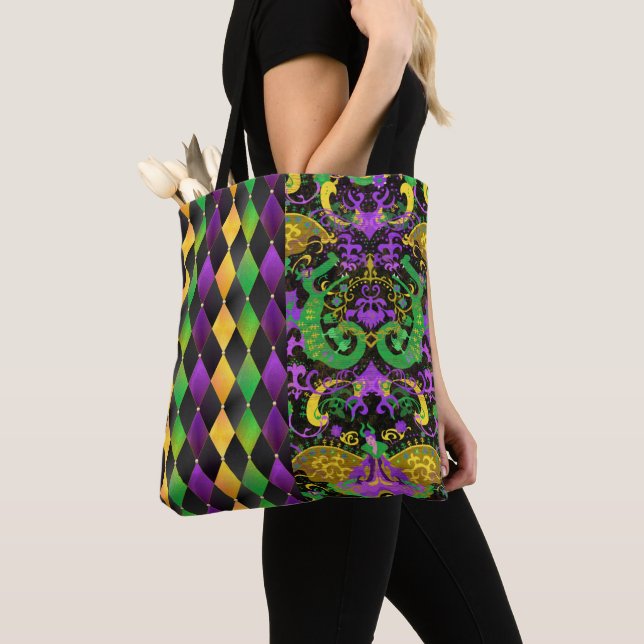 Intricate Mardi Gras Colours Dragon, Diamond Tote Bag (Close Up)