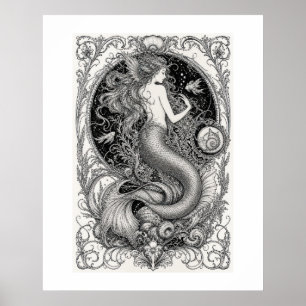 Intricate mermaid illustration poster