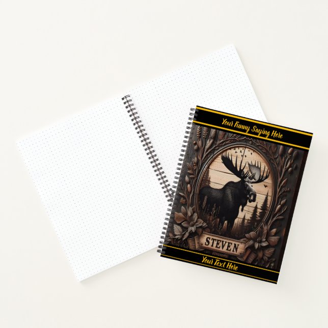 Intricate moose carving in nature notebook (Inside)