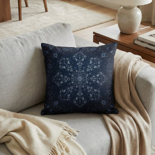 Intricate Navy Blue Mandala Snowflake Cushion