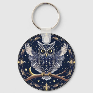 Intricate Night Owl Illustration Key Ring