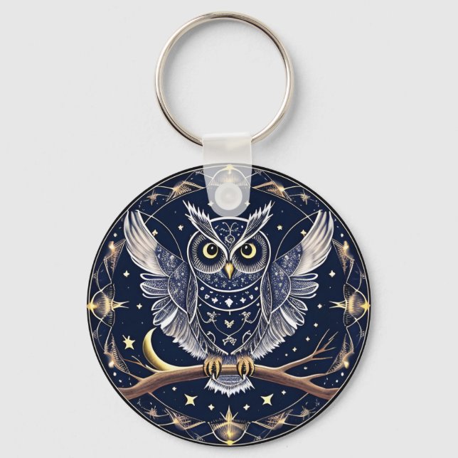 Intricate Night Owl Illustration Key Ring (Front)
