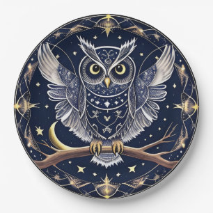 Intricate Night Owl Illustration Paper Plate