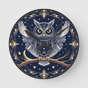 Intricate Night Owl Illustration Round Clock