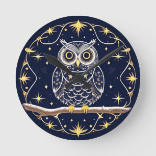 Intricate Night Owl Illustration Round Clock