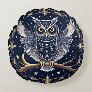 Intricate Night Owl Illustration Round Cushion
