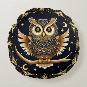 Intricate Night Owl Illustration Round Cushion