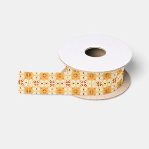 Intricate orange and brown geometric pattern satin ribbon