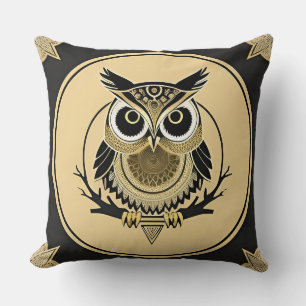 Intricate Owl Illustration in Golden Mandala Cushion